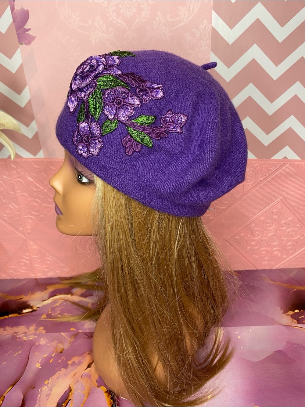 ๐๐ท Purple Floral Embroidered Wool Feel Beret ๐ท๐ NWT - Picture 6 of 10